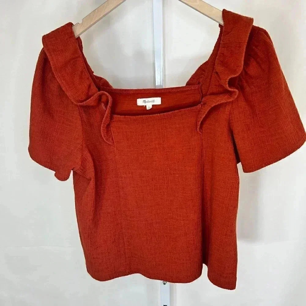 2/$30 Madewell Crosshatch Size Large Rust Color Ruffle Top Blouse Shirt Comfort